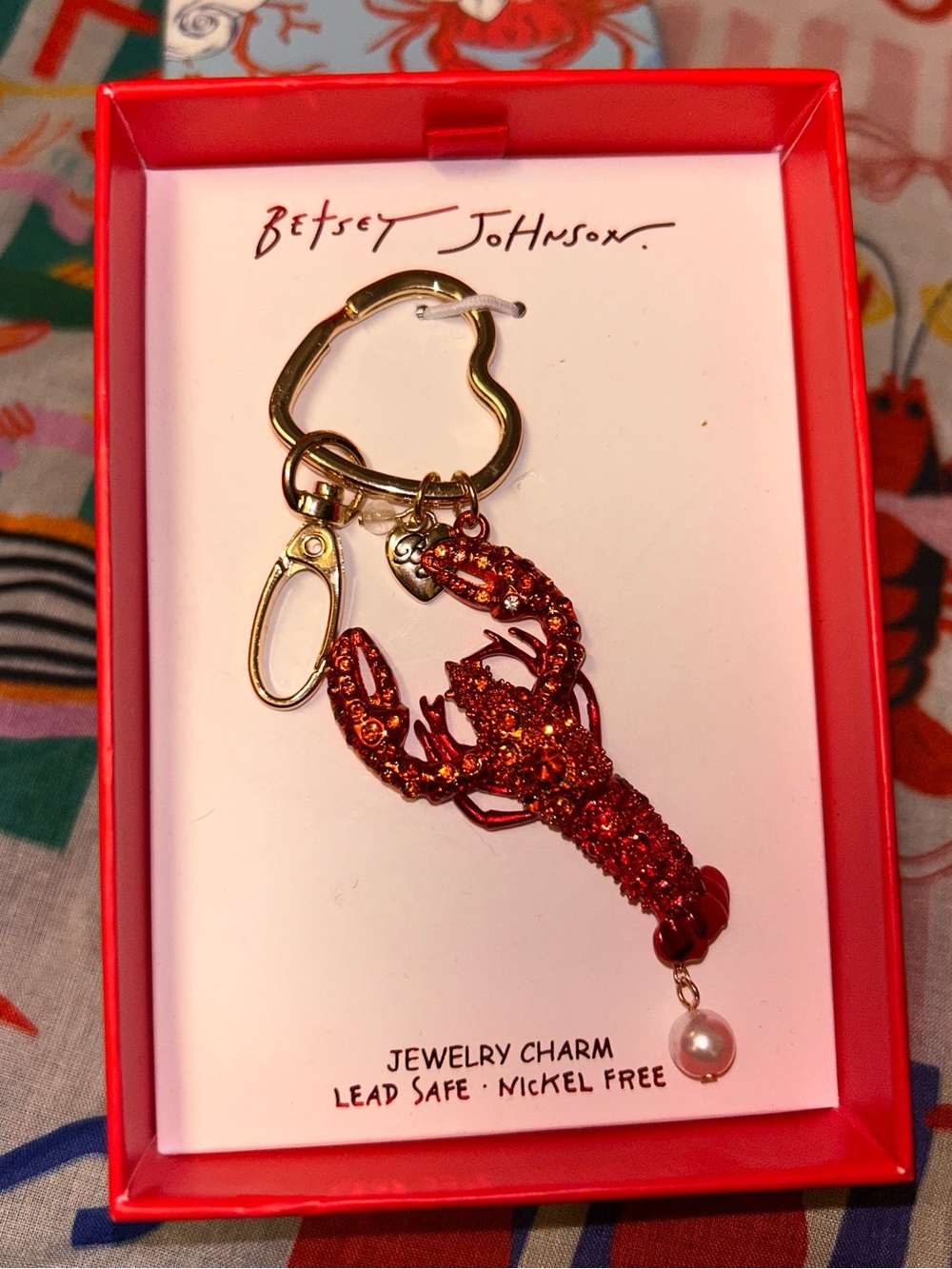 NWT Betsey Johnson Red Glitter Lobster Keychain with Pearl